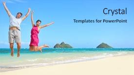  Presentation with young happy couple - Cool new PPT theme with hawaii beach vacation happy couple backdrop and a light blue colored foreground
