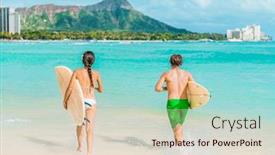  Presentation with diamond head - Cool new PPT theme with hawaii-honolulu-couple-surfers-going backdrop and a lemonade colored foreground