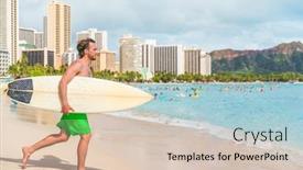  Presentation with honolulu hawaii waikiki beach - PPT theme consisting of hawaii-surfer-man-going-surfing background and a lemonade colored foreground