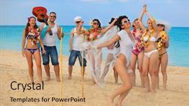  Presentation with hawaiian - Slide deck having hawaiian luau - vacationers have fun doing background and a coral colored foreground