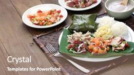  Presentation with hawaiian tuna poke bowl - Theme with hawaiian traditional plate lunch ahi background and a coral colored foreground