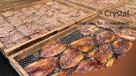  Presentation with market food - Slide set having hawker food - dried fish on market background and a coral colored foreground