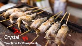  Presentation with food fish - Presentation design featuring hawker food - roasted fish background and a tawny brown colored foreground