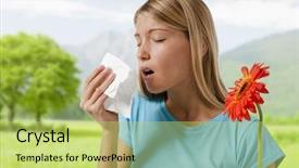  Presentation with fever - Presentation theme featuring hay fever - young woman blowing her nose background and a yellow colored foreground