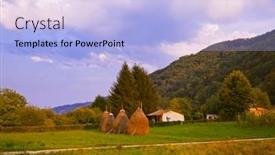  Presentation with village - Amazing slide deck having hay-in-stacks-village backdrop and a light blue colored foreground