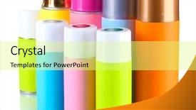  Presentation with aerosol - Cool new theme with hazard paint - aerosol cans isolated on white backdrop and a  colored foreground