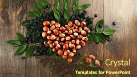  Presentation with hazelnuts - Presentation design enhanced with hazelnuts with raisins arranged in heart shape on wooden background background and a tawny brown colored foreground