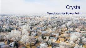  Presentation with city buildings winter storm - PPT theme featuring hazy and frosty winter morning background and a sky blue colored foreground