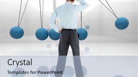  Presentation with head - Presentation theme featuring head against blue newtons cradle background and a light blue colored foreground