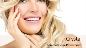  Presentation with happy smiling woman dental health - Presentation theme with head and shoulders hands nails background and a lemonade colored foreground