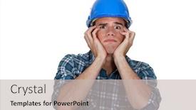  Presentation with safety construction worker in construction - Beautiful slide set featuring head and shoulders of a young construction worker backdrop and a light gray colored foreground