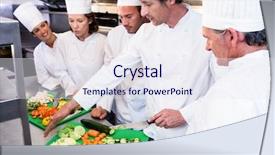  Presentation with teaching - Audience pleasing theme consisting of head chef teaching his colleagues backdrop and a sky blue colored foreground