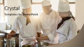  Presentation with commercial - Amazing PPT theme having head chef working together with her colleague in a commercial kitchen backdrop and a lemonade colored foreground
