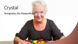  Presentation with building blocks - PPT theme enhanced with head dement - happy senior woman with many background and a white colored foreground