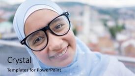  Presentation with arabic - Presentation design with head dress - authentic muslim arabic girl background and a light blue colored foreground