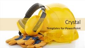  Presentation with gear - Colorful PPT layouts enhanced with head gear - yellow hard hat earphones goggles backdrop and a yellow colored foreground