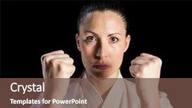  Presentation with black-female - Slides with portrait of female fighter performing karate stance on black background background and a tawny brown colored foreground