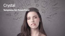  Presentation with social life - Amazing presentation theme having dark brown haired pretty teenage girl with thoughts in her head illustrated by question mark rocket money coffee clock email social life icons drawn on the background wall concept backdrop and a gray colored foreground