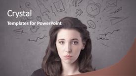  Presentation with social life - Presentation theme enhanced with dark brown haired pretty teenage girl with thoughts in her head illustrated by question mark rocket money coffee clock email social life icons drawn on the background wall concept background and a gray colored foreground