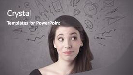  Presentation with social life - Audience pleasing slide deck consisting of dark brown haired pretty teenage girl with thoughts in her head illustrated by question mark rocket money coffee clock email social life icons drawn on the background wall concept backdrop and a gray colored foreground