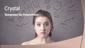  Presentation with social life - PPT theme with dark brown haired pretty teenage girl with thoughts in her head illustrated by question mark rocket money coffee clock email social life icons drawn on the background wall concept background and a gray colored foreground