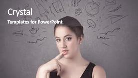  Presentation with social life - Presentation design enhanced with dark brown haired pretty teenage girl with thoughts in her head illustrated by question mark rocket money coffee clock email social life icons drawn on the background wall concept background and a gray colored foreground