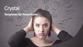  Presentation with social life - Presentation design having dark brown haired pretty teenage girl with thoughts in her head illustrated by question mark rocket money coffee clock email social life icons drawn on the background wall concept background and a gray colored foreground