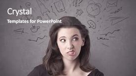  Presentation with social life - Amazing presentation design having dark brown haired pretty teenage girl with thoughts in her head illustrated by question mark rocket money coffee clock email social life icons drawn on the background wall concept backdrop and a gray colored foreground