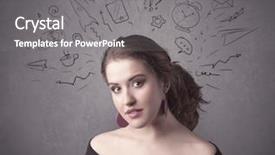  Presentation with social life - Presentation design consisting of dark brown haired pretty teenage girl with thoughts in her head illustrated by question mark rocket money coffee clock email social life icons drawn on the background wall concept background and a gray colored foreground