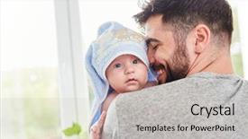  Presentation with happy baby - PPT layouts with head in arm after bathing background and a light gray colored foreground
