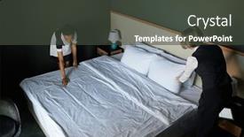  Presentation with bed hotel - PPT theme having head-manager-of-hotel-helping background and a dark gray colored foreground