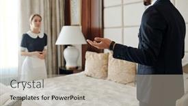  Presentation with bed hotel - Slide set having head-manager-of-luxurious-hotel background and a  colored foreground