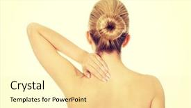  Presentation with back pain - Presentation design with arm anatomy - young topless woman with back background and a blonde colored foreground