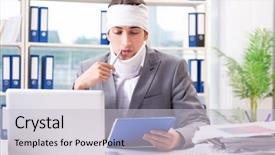  Presentation with working - PPT theme enhanced with head neck injury management - injured businessman working background and a  colored foreground