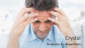  Presentation with 3d man sitting question mark - Audience pleasing presentation design consisting of head pain - attractive man sitting backdrop and a  colored foreground