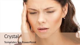  Presentation with bright white - Cool new theme with head pain - bright picture of unhappy woman backdrop and a coral colored foreground