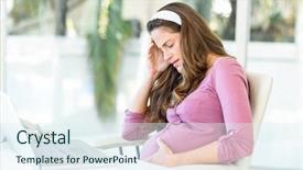 Presentation with woman office desk - Amazing slides having head pain - unhappy pregnant woman with headache backdrop and a sky blue colored foreground
