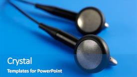  Presentation with blue - Cool new slide set with head set - cellphone earphones macro close-up isolated backdrop and a  colored foreground