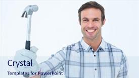  Presentation with hammer sickle - Slide deck with head shot - portrait of happy handyman holding background and a sky blue colored foreground