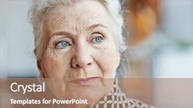  Presentation with deep blue - Slide deck featuring head shot of beautiful grey-haired senior woman with deep blue eyes looking away thoughtfully blurred background background and a coral colored foreground