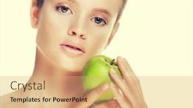  Presentation with green apple - PPT layouts enhanced with head shot of woman holding green apple against white background background and a coral colored foreground