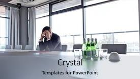  Presentation with conference table microphones - Presentation featuring head start - mature businessman suffering from headache background and a  colored foreground