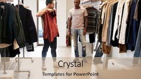  Presentation with clothes shop - PPT layouts having head up display - customer holds up clothes background and a coral colored foreground