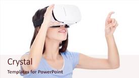  Presentation with virtual reality environments - Presentation design enhanced with head up display - woman looking though virtual reality background and a lemonade colored foreground