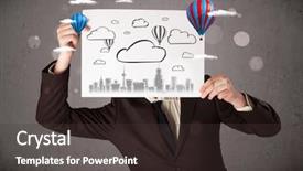  Presentation with cardboard - Cool new slide set with head with cityscape and ballon backdrop and a  colored foreground