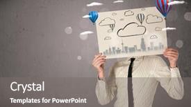  Presentation with cardboard - PPT layouts enhanced with head with cityscape and ballon background and a  colored foreground