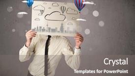  Presentation with cardboard - Slide set consisting of head with cityscape and ballon background and a  colored foreground