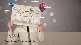  Presentation with cardboard - Audience pleasing presentation design consisting of head with cityscape and ballon backdrop and a  colored foreground