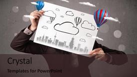  Presentation with cardboard - Slide deck having head with cityscape and ballon background and a  colored foreground