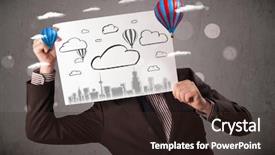  Presentation with cardboard - PPT theme having head with cityscape and ballon background and a wine colored foreground